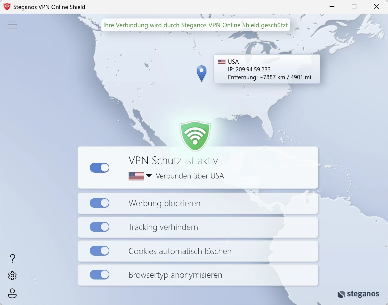 Steganos VPN Online Shield unter Windows, verbunden