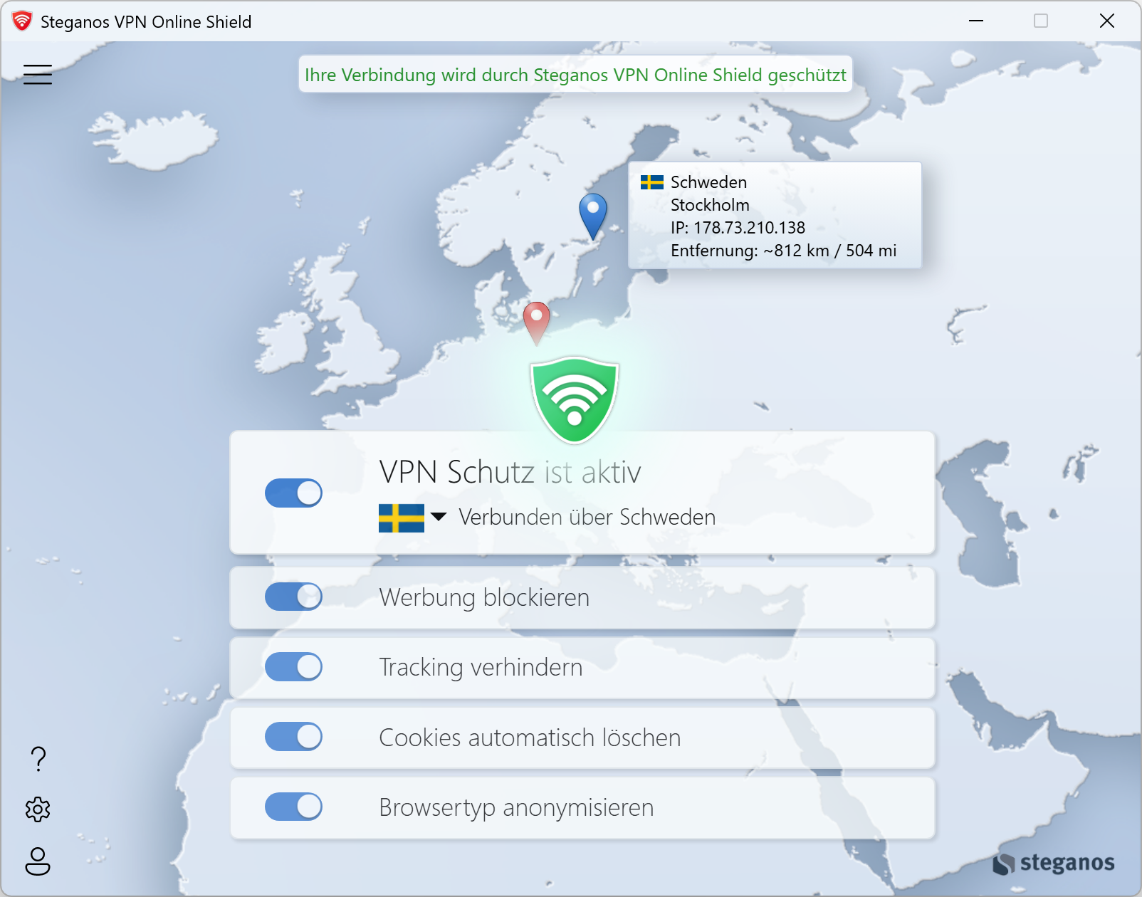 Steganos VPN Online Shield &ndash; die vier Schutzschalter in der Windows-App