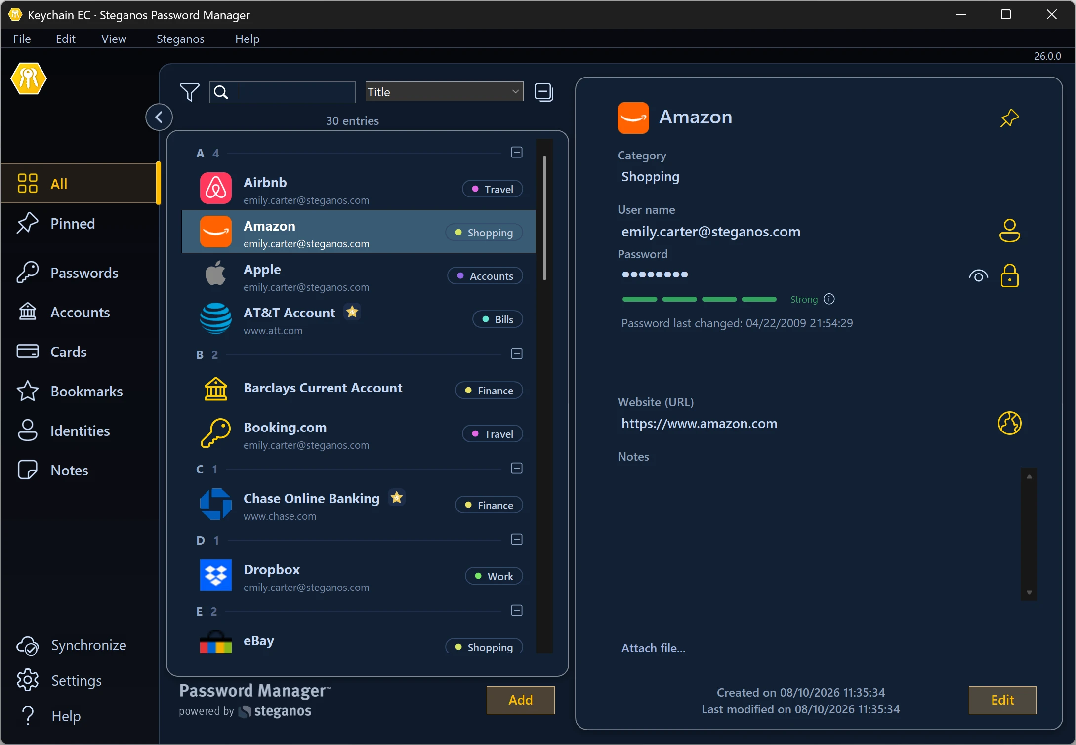 Steganos Password Manager σε σκούρη λειτουργία